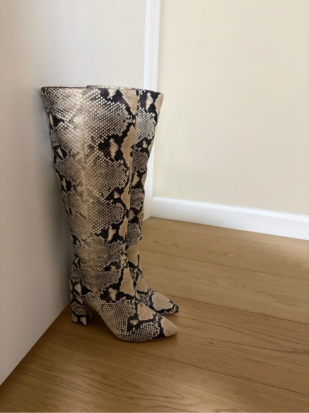 Madden Girl Snake-Print Over-The-Knee Boots - Cream & Black